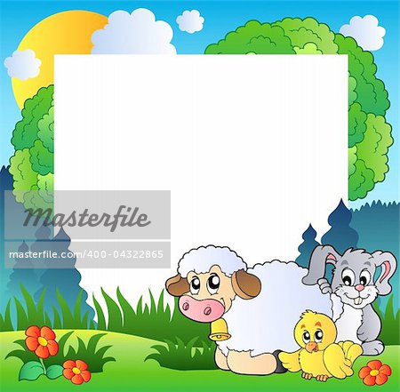 Spring frame with various animals - vector illustration.