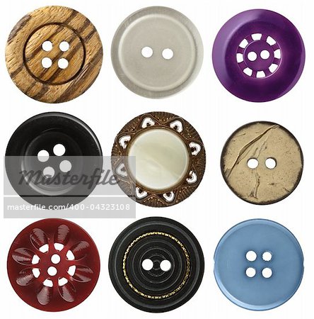 Various sewing buttons set on white background