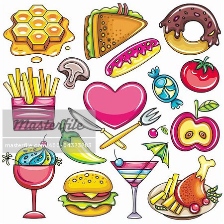 Set of ready-to-eat foods : Rich honeycomb with sweet honey. Grilled panini sandwich.  2 delicious doughnuts (donut) pink and chocolate with colorful sprinkles on top. Potato French fries, mushroom, Love Food heart emblem with crossed knife and fork, hard candy, red tomato, apple, attractive decorated dessert in red bowl topped with cherry, tasty burger with lettuce, tomato and cheese.  Summer dri