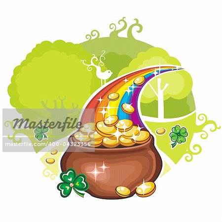Vector illustration of St. Patrick's Day symbol, pot of gold coins with shamrocks, standing at the magical forest. This arrangement can be used as greeting card.
