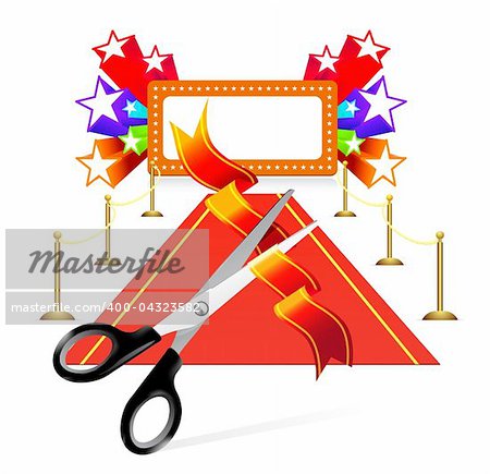 Red carpet with scissors and star background. Vector illustration