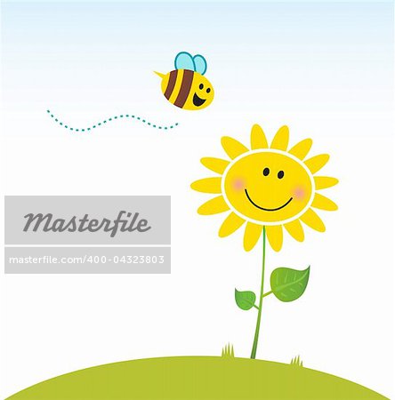 Happy sunflower and cute little bee. Vector Illustration.