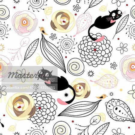 seamless black pattern with a natural colored cats and birds on a white background