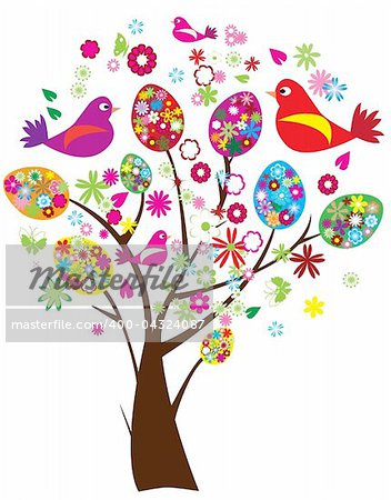 vector illustration of easter tree with floral eggs and birds