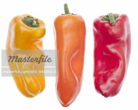 Three Colors of Vibrant Peppers Isolated on White with a Clipping Path.