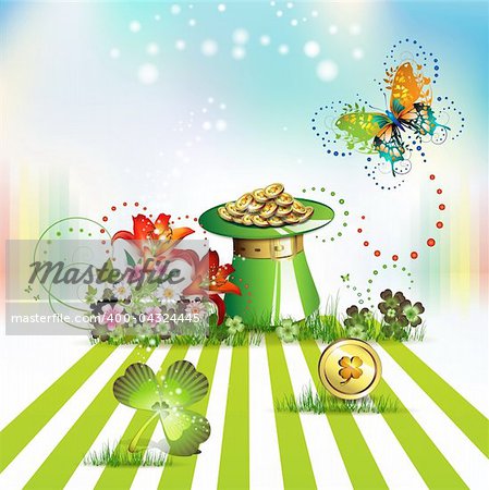 St. Patrick's Day card design with topper, flowers, butterflies and clover