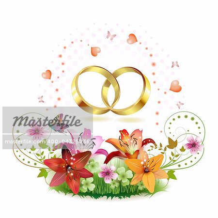 Two wedding ring with hearts and decorated flowers isolated on white background