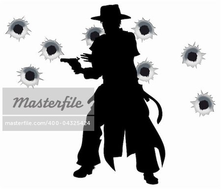 A wild west gunslinger drawing and firing his gun in a shootout with bullet holes in the background