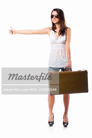young woman hitchhiker with old leather case