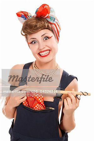 pin up girl, bonde  housewife isolated on white