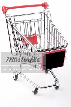 Empty shopping cart with the red handle on a white background.