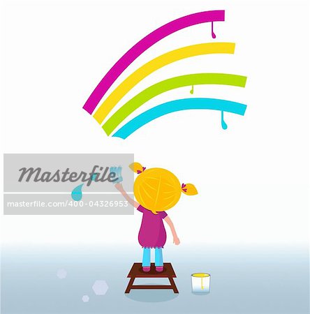 Blond hair girl painting colorful vibrant rainbow with paint brush.Vector Illustration.