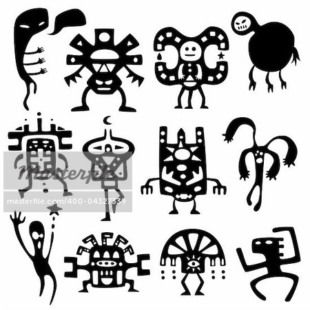 Collection of cartoon funny shamans and spirits silhouettes