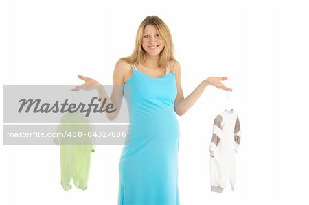 pregnant woman buying baby clothes isolated on white