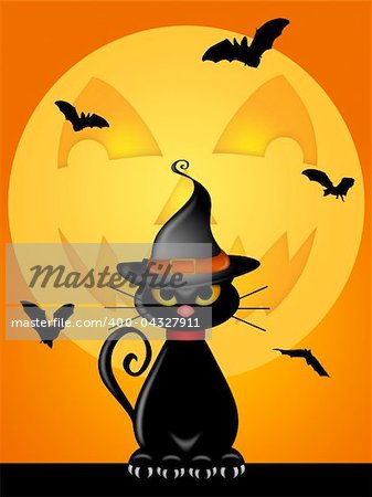Halloween Cat wit Wtiches Hat by Jack O Lantern Moon Illustration