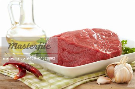 fresh raw meat on white plate and white background