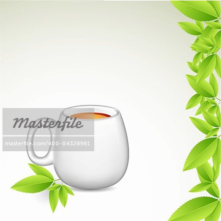 illustration of tea cup with green leaves on isolated background