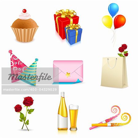 illustration of birthday party elements on isolated background