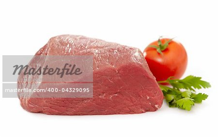 fresh raw meat and tomato on white background