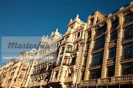 Buildings along Gran Via in Madrid, Spain.