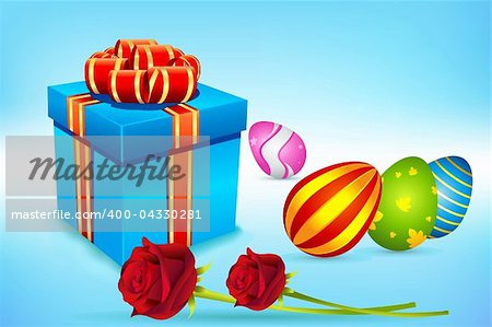 illustration of colorful decorated easter eggs with ribbon and gift box