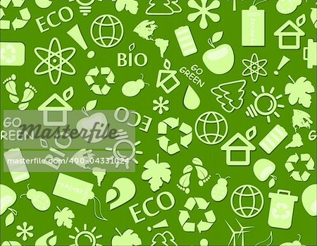 go green eco seamless pattern on dark green backdrop - bulb, leaf, globe, drop, apple, house, trash, arrow