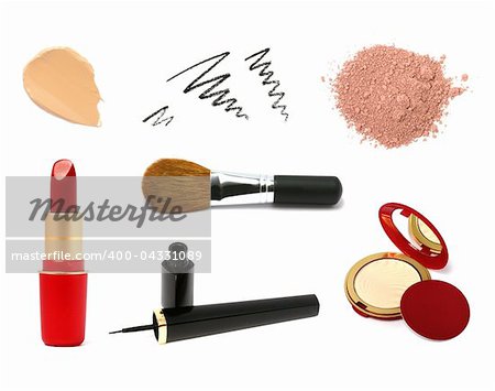 Decorative cosmetic products. Lipstick, concealer, eyeliner, brush, face powder.