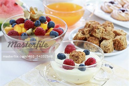 Healthy breakfast or snack with yogurt and fresh fruits