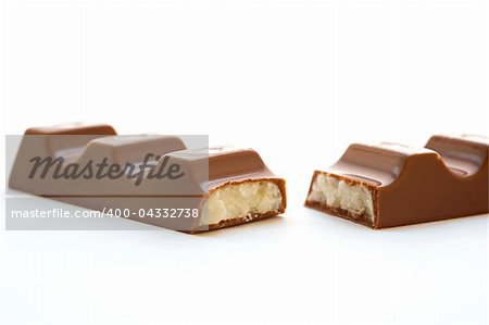 Bar of chocolate photographed on a white background.
