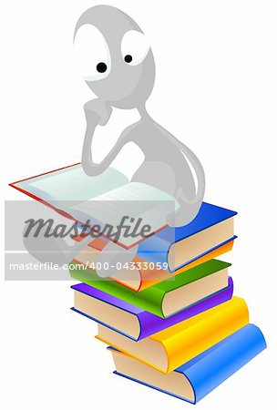 Illustration of a grey man sitting on top of the books and reading.