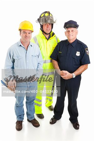 Group of blue collar workers, construction worker, policeman, and fireman, isolated on white.