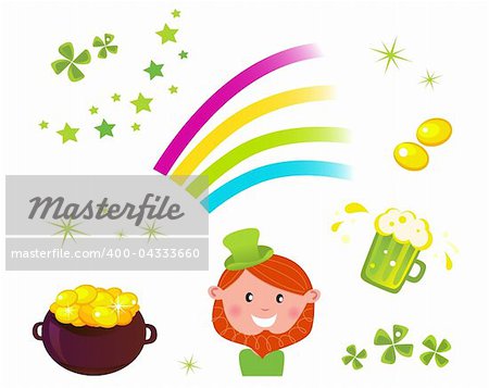 Icons set of St. Patrick's Day design elements - cauldron with coins, four leaf clovers, green beer, rainbow and Leprechaun.