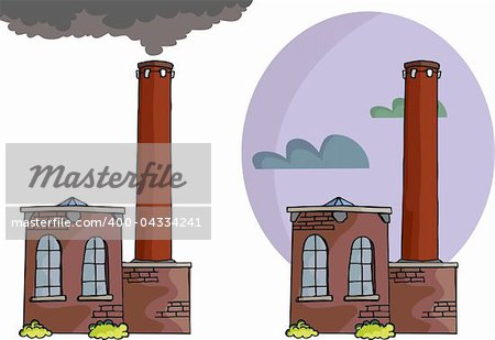 Cartoon of a small power plant or factory with smoke, tall smokestack and sky background variation.