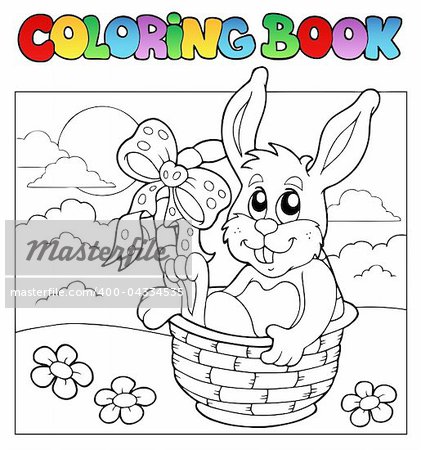 Coloring book with bunny in basket - vector illustration.
