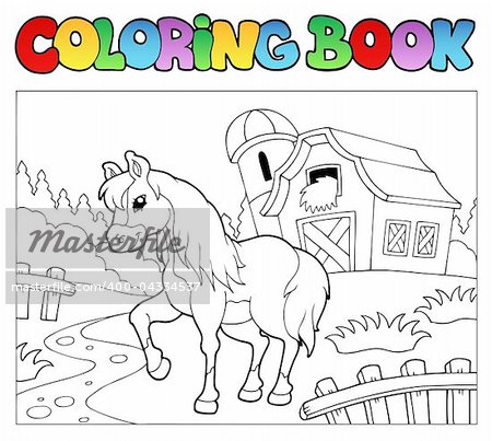 Coloring book with farm and horse - vector illustration.