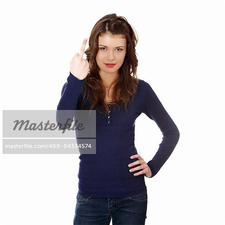 Teen girl with middle finger up, isolated on white background