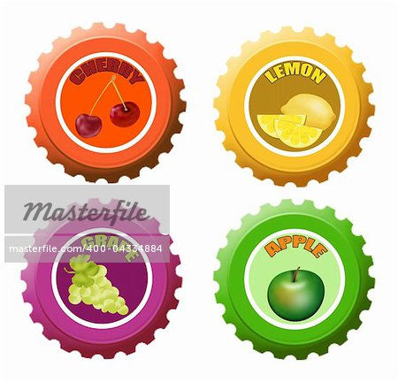 Set of fruit juice bottle caps with paper labels, vector illustration