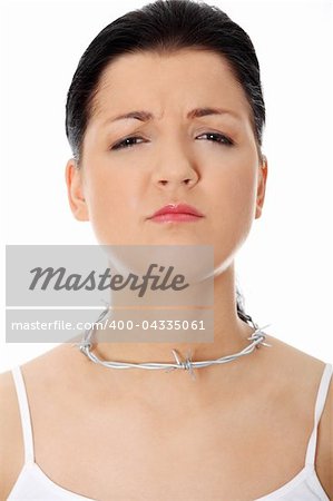 Throat pain concept. Young woman with barbed wire around her throat. Isolated on white