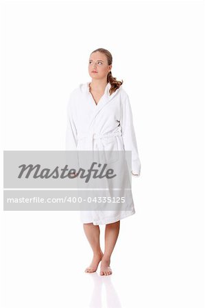 Full portrait of young beautiful woman wearing bathrobe, isolated on white