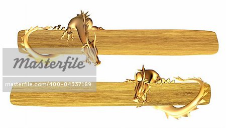 Set - dragons and old wooden planks. Isolated over white