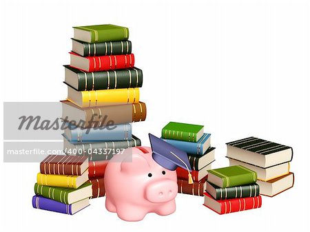 Piggy bank with cap and books. Objects isolated over white