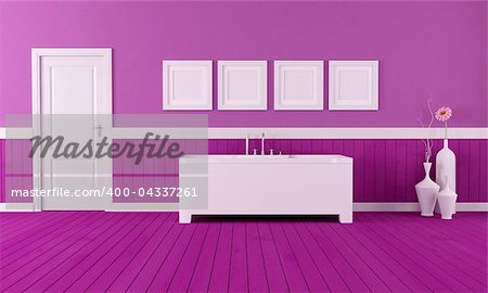 minimalist bathtub in a retro bathroom  with purple plank wood floor - rendering