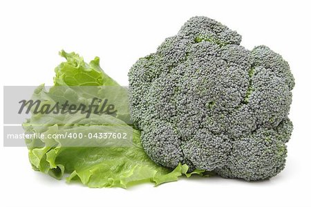 Broccoli with a leaf of lettuce isolated on white background