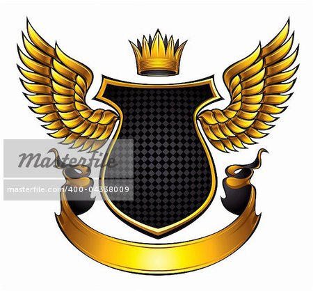 Classic style emblem with wings, shield, ribbon and crown. With space for text and company name. Vector, eps8.