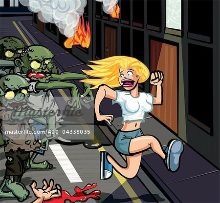 Cartoon Zombies chasing terrified young woman through a street with houses on fire
