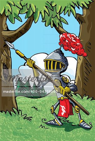 Cartoon knight in armour with a spear. He is in a forest