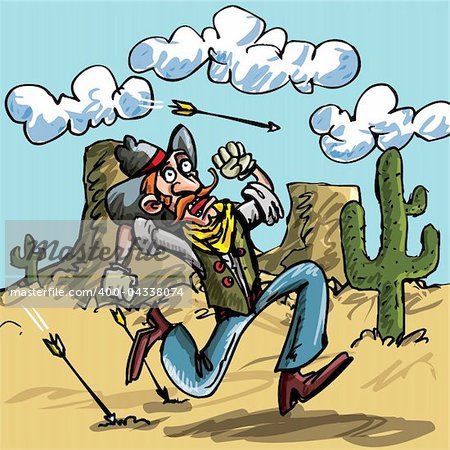 Cartoon cowboy running from indian arrows. He is in the desert there is a cactus behind him
