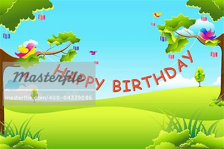 illustration of birthday text hanging with tree and birds flying with gifts