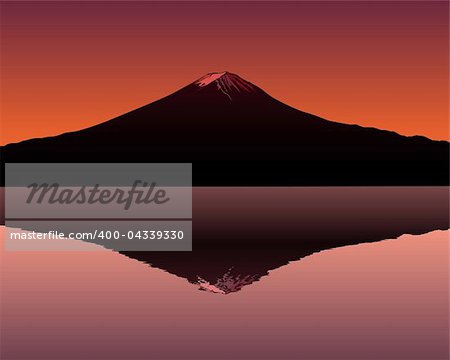 the sacred mountain of Fuji in the background of a red sunset