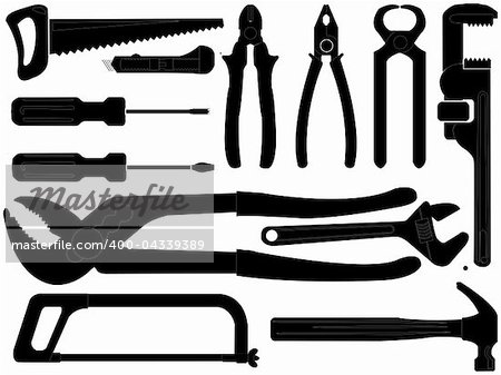 hand tools black silhouettes over white background, abstract vector art illustration